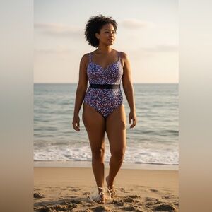 Draper James Navy Floral One-Piece with Black Waistband and Pink Accents